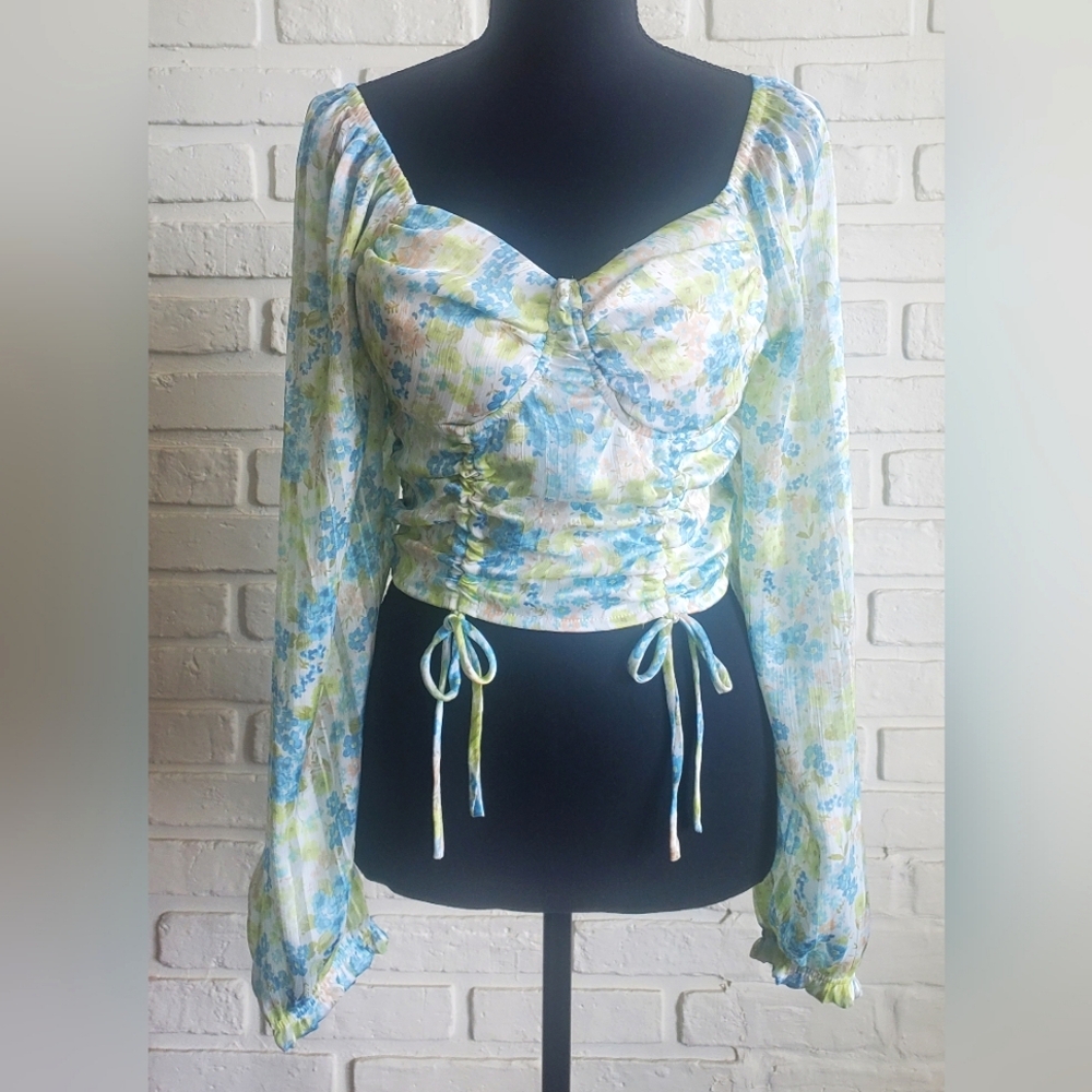 NWT Madden NYC Sweetheart Neckline Smock Crop Peasant Blouse Top Floral Size Med